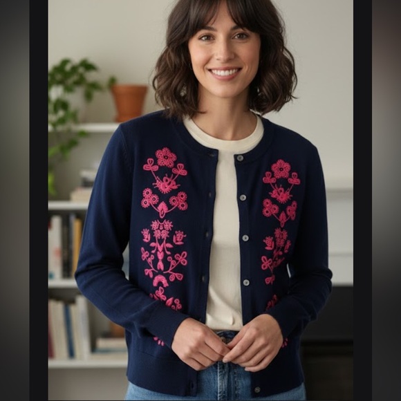 J. Crew Sweaters - J. Crew Dark Blue Cardigan with Vibrant Pink Detailing